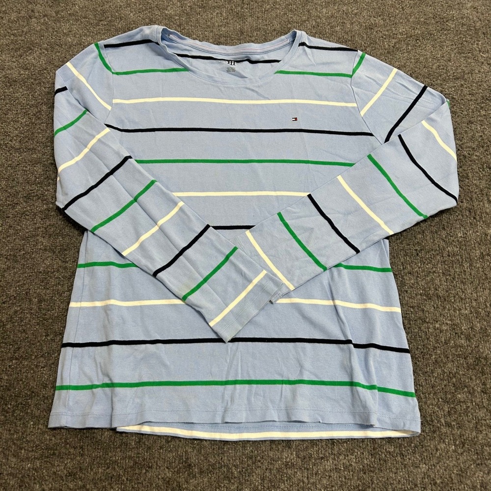 Tommy Hilfiger Shirt Womens XXL Light Blue Striped Long Sleeve Cotton Crew Neck